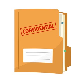 Yellow folder with confidential documents. Top secret data with red stamp.