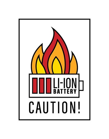 Dangerous lithium-ion batteries. Over-charging risk. Spontaneous combustion. Linear poster, banner, graphic element. Editable vector illustration in yellow, red, black colors on a white background