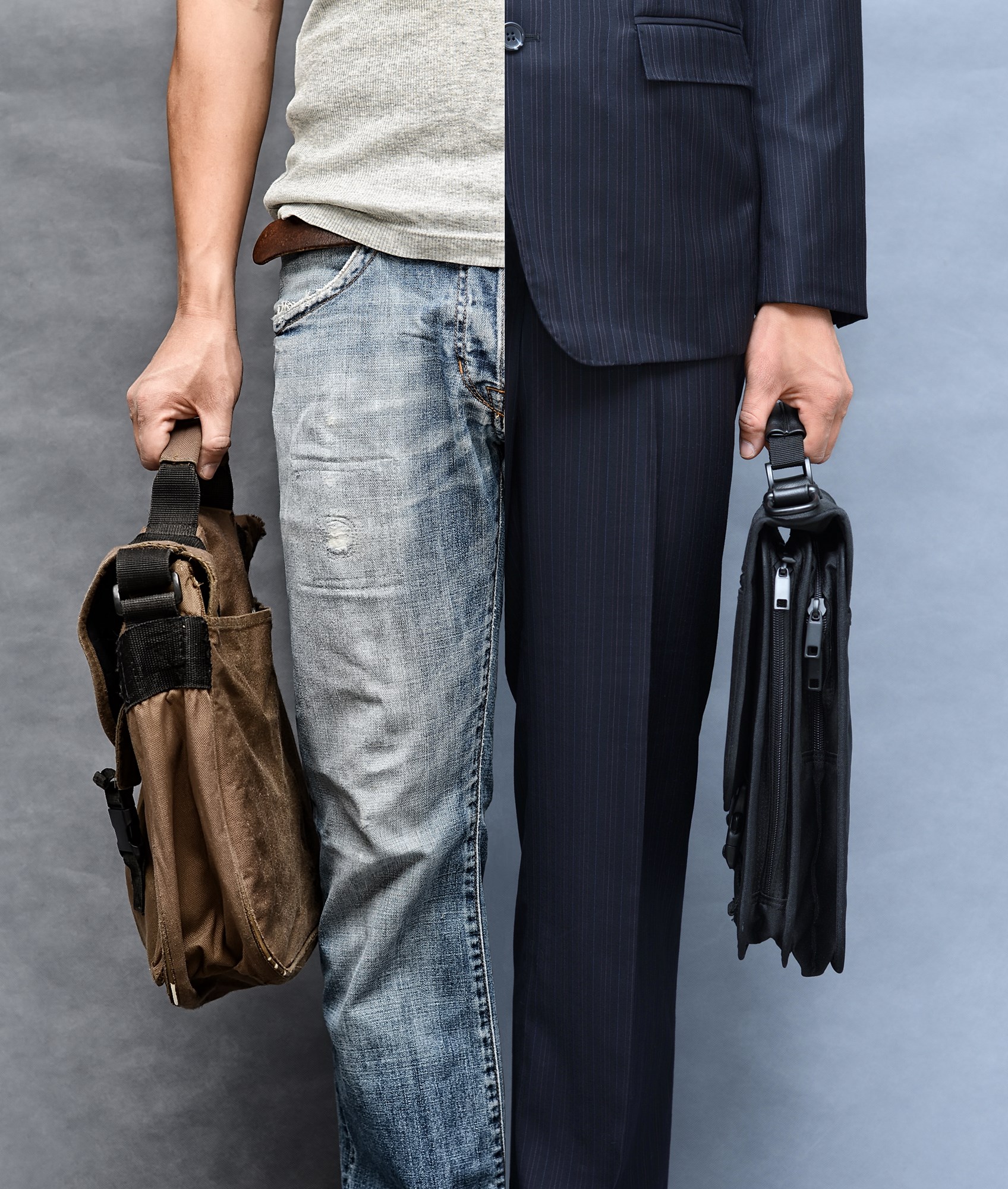 Casual and formal look (closeup upper, lower garment and case)