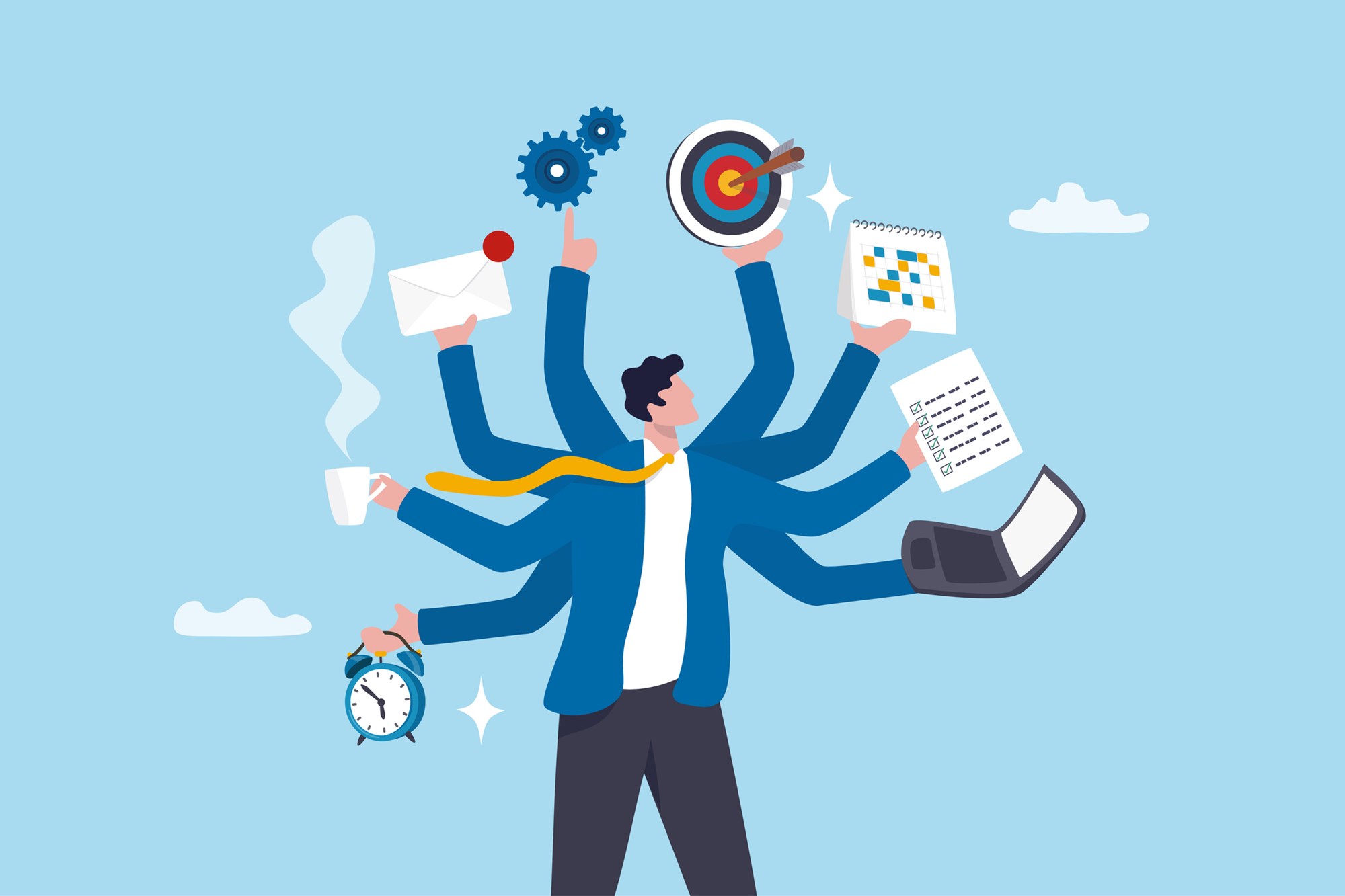 Multitasking busy entrepreneur, efficiency or productivity employee, skill or talent expert, work performance, utility or ability to work, businessman handle multiple tasks as multitasking routine.