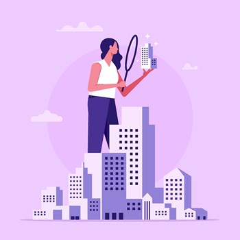 Real estate search or investment. Buying property concept, woman looking home on market. Buy or rent house online, vector illustration